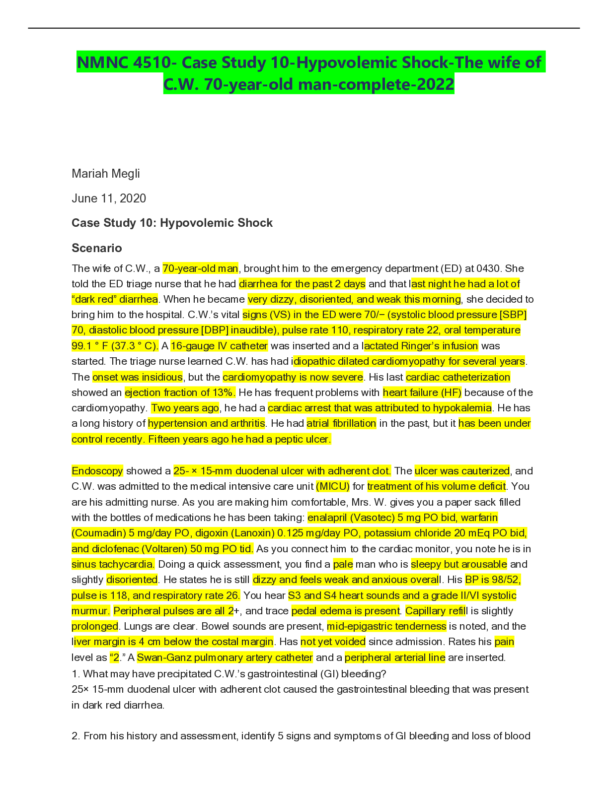 Preview of NMNC 4510- Case Study 10-Hypovolemic Shock-The wife of C.W. 70-year-old man-complete-2022
